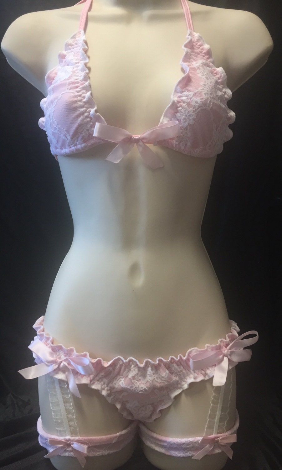 Ruffled scrunch bikini with lace and bows 2 Piece Garter Set Lingerie Garters
