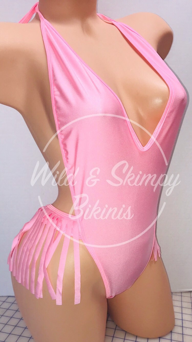 Fringe one piece thong bodysuit with rhinestones