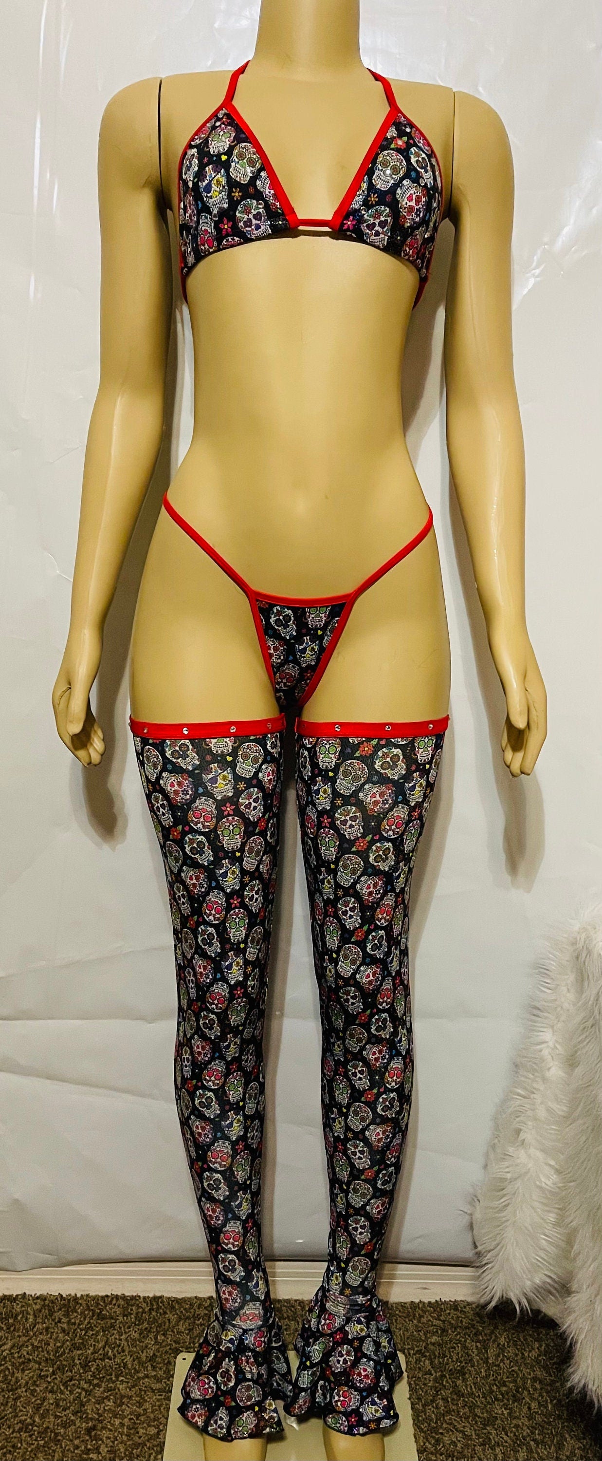 LISTO PARA ENVIAR - Conjunto de 3 piezas de piernas y bikini - Ropa de baile exótico - Ropa de stripper - Ropa de baile en barra