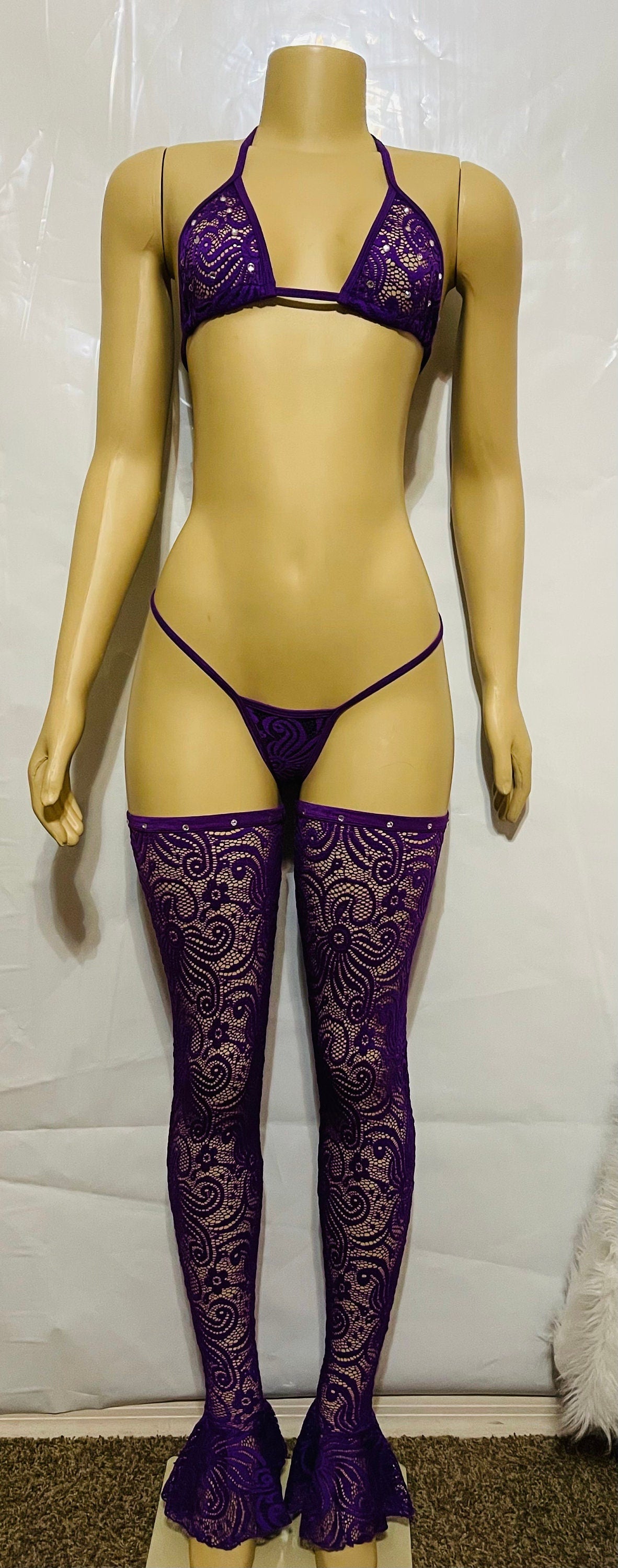 LISTO PARA ENVIAR - Conjunto de 3 piezas de piernas y bikini - Ropa de baile exótico - Ropa de stripper - Ropa de baile en barra