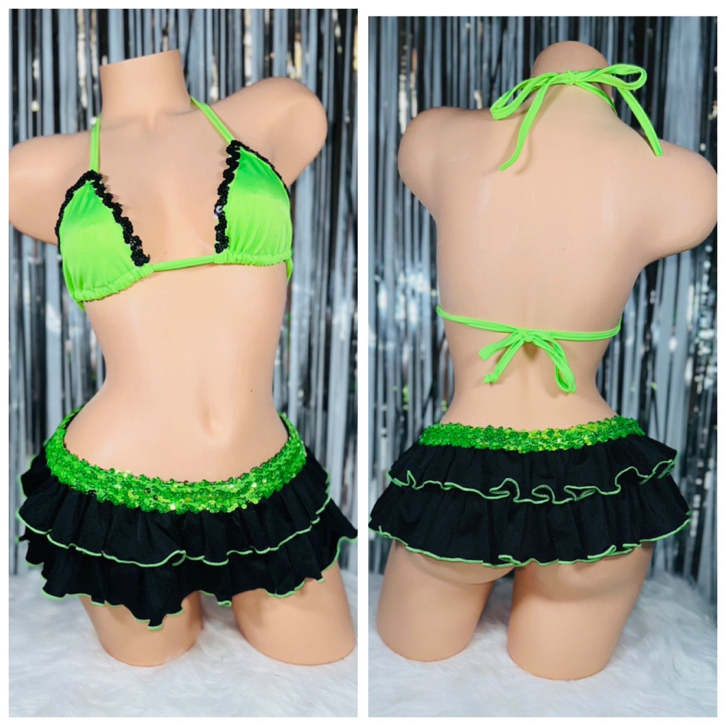 LISTO PARA ENVIAR - Falda con volantes de lentejuelas y top de tres piezas - Ropa de baile exótica - Traje de stripper