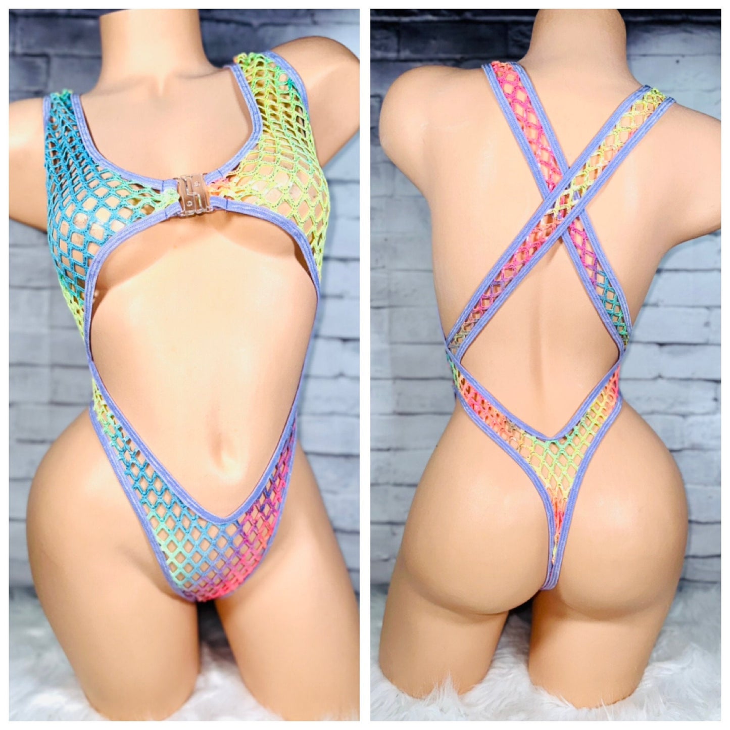 EXOTIC DANCEWEAR, Metallic Rainbow Fishnet Clip Front one piece, Stripper outfits, Stripper clothes, Ravewear, Pole Dance Outfit